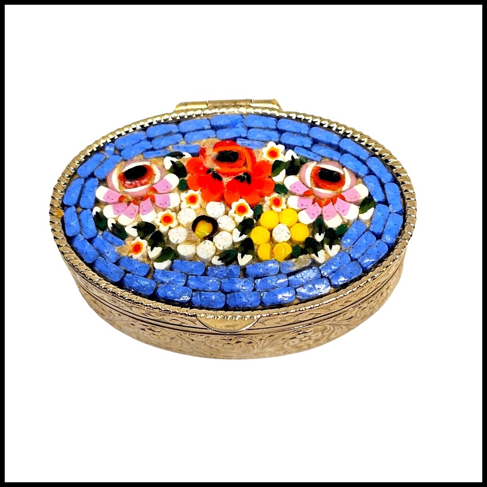 Vintage‎ Flower Micro Mosaic Trinket Box Pill Box Blue Floral